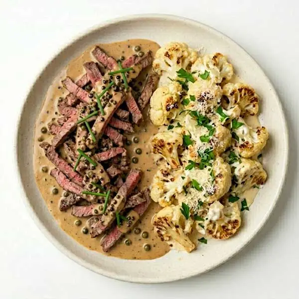 Beef Au Poivre with Creamy Flowerets